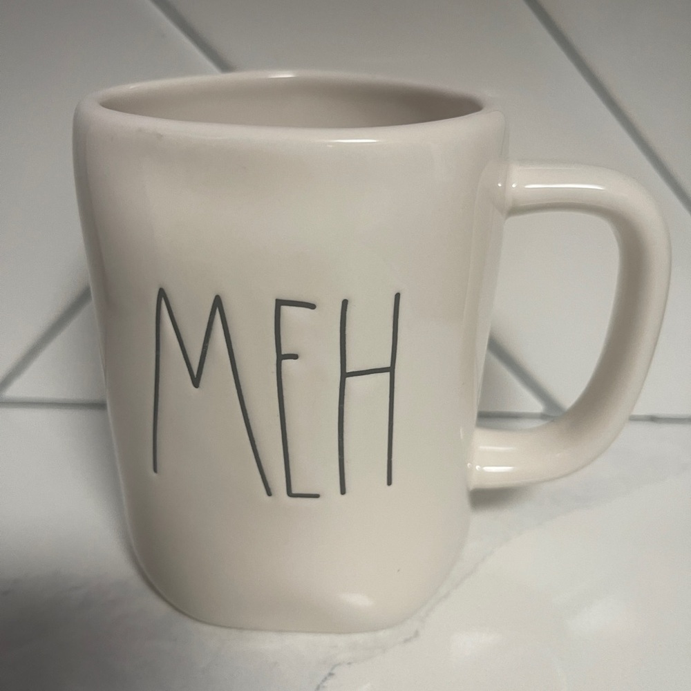 Rae Dunn Cream Mug with 'MEH' Design